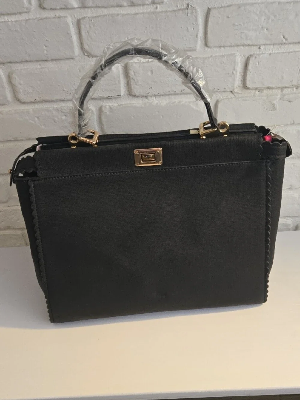 Vegan Black Embroidered Top-Handle Satchel by Handbag Republic